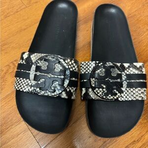 Tory Burch Black and Snake Print Slides